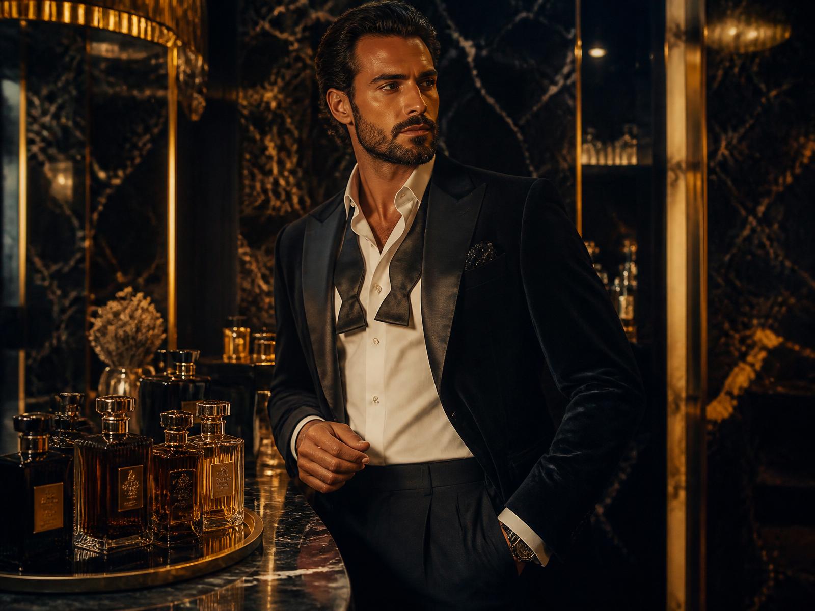Caballero elegante en boutique de perfumes de lujo